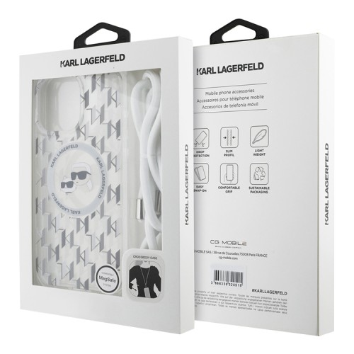 Karl Lagerfeld для iPhone 16 Pro чехол Crossbody PC/TPU NFT Karl&Choupette Head прозрачный (MagSafe) +Cord