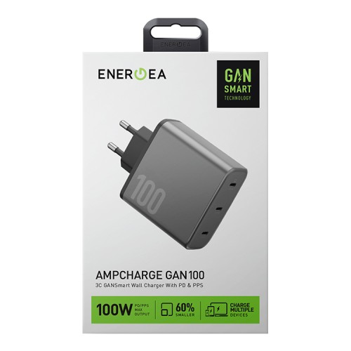 Energea СЗУ AmpCharge GaN100, 3USB-C PD/PPS/QC3.0 total 100W Gunmetal