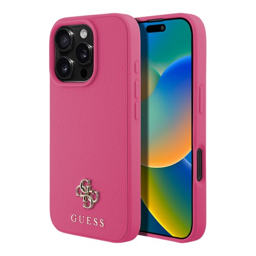 Guess для iPhone 16 Pro Max чехол PU Grained leather Small 4G metal logo Hard Fuchsia (MagSafe)