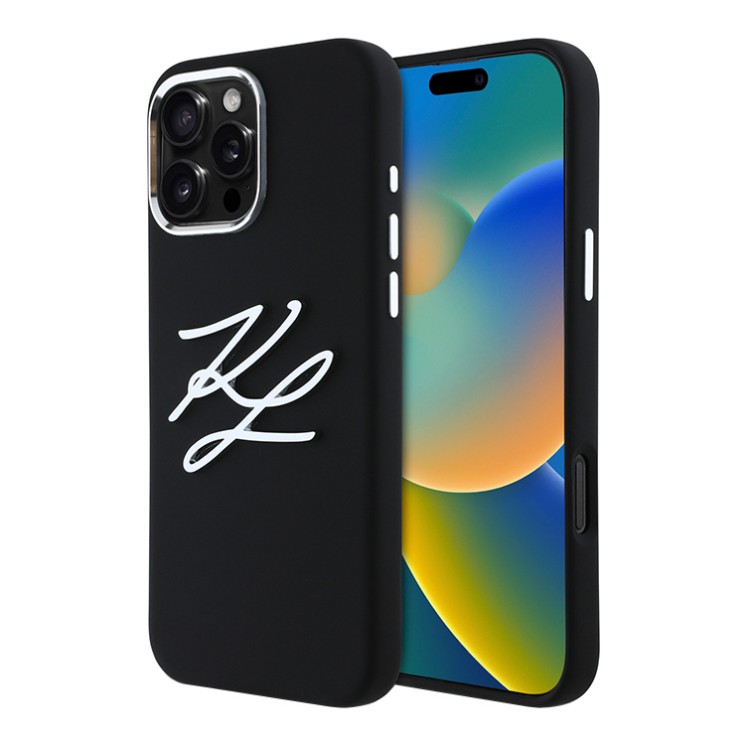 Karl Lagerfeld для iPhone 16 Pro чехол Liquid Silicone Metal Logo Initials Hard Black