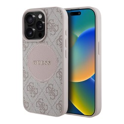 Guess для iPhone 15 Pro Max чехол PU 4G with Round Patch Metal logo Hard Pink (MagSafe)
