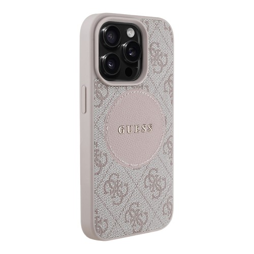 Guess для iPhone 15 Pro Max чехол PU 4G with Round Patch Metal logo Hard Pink (MagSafe)