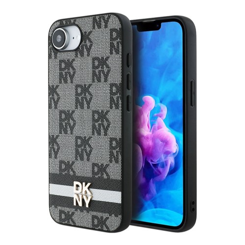 DKNY для iPhone 16e чехол PU Checkered Printed stripes Metal logo Hard Black