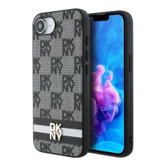 DKNY для iPhone 16e чехол PU Checkered Printed stripes Metal logo Hard Black