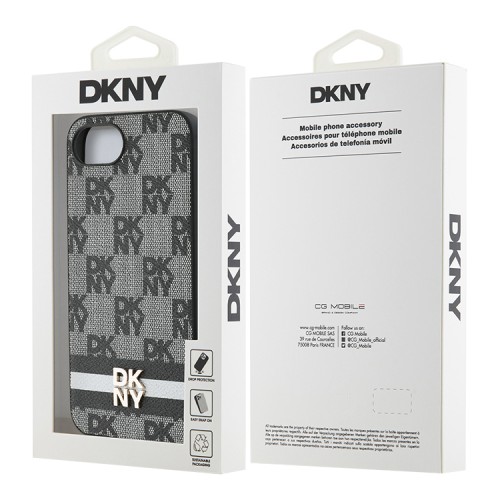 DKNY для iPhone 16e чехол PU Checkered Printed stripes Metal logo Hard Black