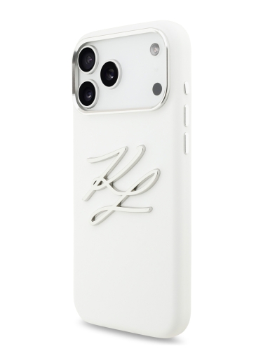 Karl Lagerfeld для iPhone 17 Pro Max чехол Liquid Silicone Initials Metal Logo & Camera Hard White