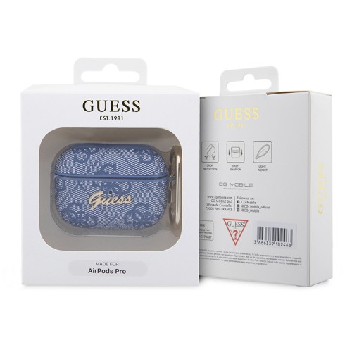 Чехол Guess PU leather 4G metal logo с карабином для Airpods Pro, синий