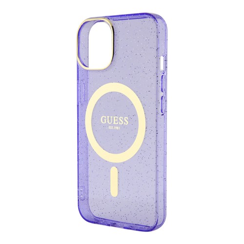 Чехол Guess Glitter Metal outline Hard для iPhone 14, фиолетовый/золотой (MagSafe)