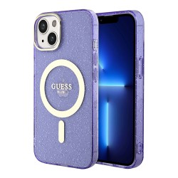 Чехол Guess Glitter Metal outline Hard для iPhone 14, фиолетовый/золотой (MagSafe)