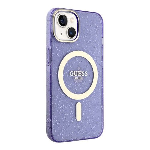 Чехол Guess Glitter Metal outline Hard для iPhone 14, фиолетовый/золотой (MagSafe)