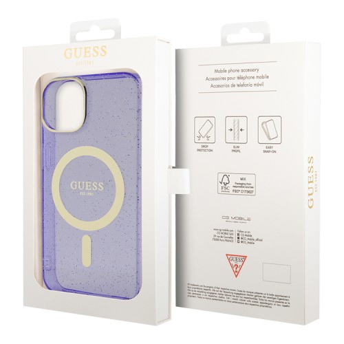 Чехол Guess Glitter Metal outline Hard для iPhone 14, фиолетовый/золотой (MagSafe)