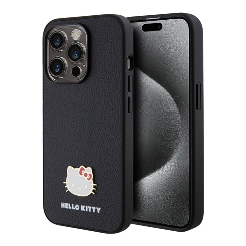 Hello Kitty для iPhone 14 Pro Max чехол PU Grained leather Metal Kitty Head Hard Black