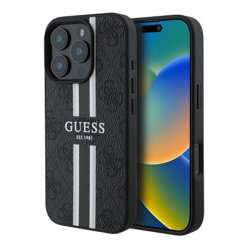 Guess для iPhone 16 Pro Max чехол PU кожа 4G Stripes Black (MagSafe)