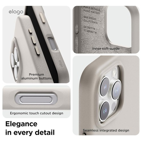 Elago для iPhone 16 Pro Max чехол PU Leather Light Grey (MagSafe)