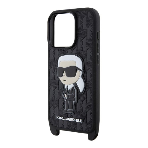 Karl Lagerfeld для iPhone 16 Pro чехол Crossbody PU Saffiano Monogram NFT Karl Ikonik +Strap Hard Black
