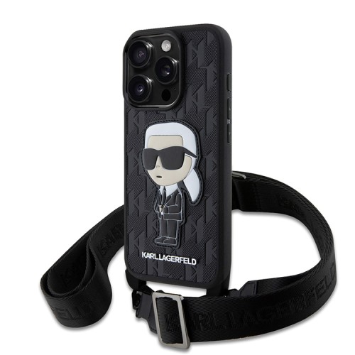 Karl Lagerfeld для iPhone 16 Pro чехол Crossbody PU Saffiano Monogram NFT Karl Ikonik +Strap Hard Black