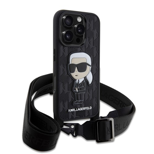 Karl Lagerfeld для iPhone 16 Pro чехол Crossbody PU Saffiano Monogram NFT Karl Ikonik +Strap Hard Black