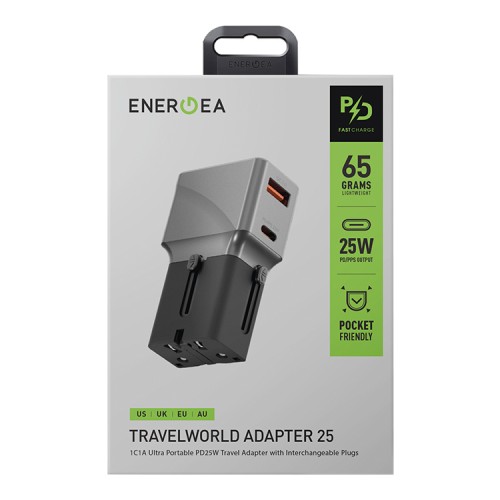 Energea СЗУ Travel World adapter 25, USB-C + USB-A, PD25W Gunmetal
