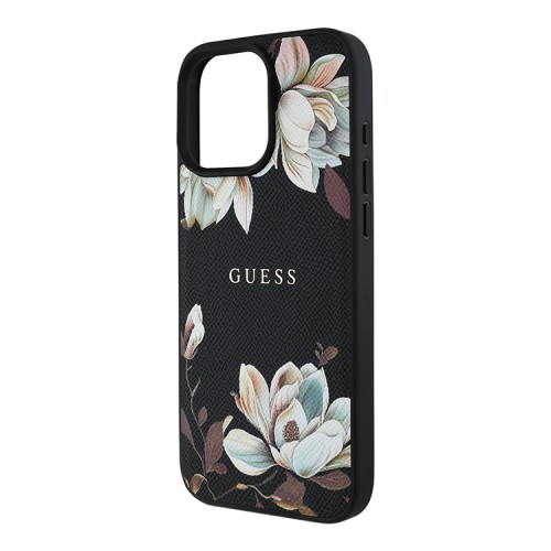 Guess для iPhone 15 Pro Max чехол PU Grained leather Flowers Metal logo Hard Black (MagSafe)