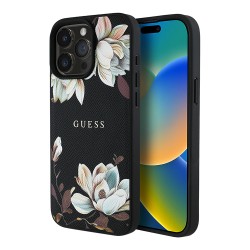 Guess для iPhone 15 Pro Max чехол PU Grained leather Flowers Metal logo Hard Black (MagSafe)