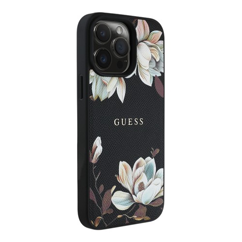 Guess для iPhone 15 Pro Max чехол PU Grained leather Flowers Metal logo Hard Black (MagSafe)