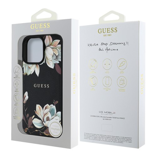 Guess для iPhone 15 Pro Max чехол PU Grained leather Flowers Metal logo Hard Black (MagSafe)