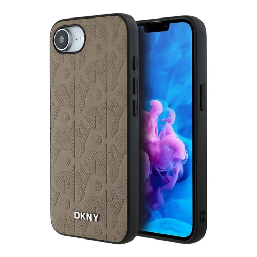 DKNY для iPhone 16e чехол PU Grid pattern Metal logo Hard Beige (MagSafe)