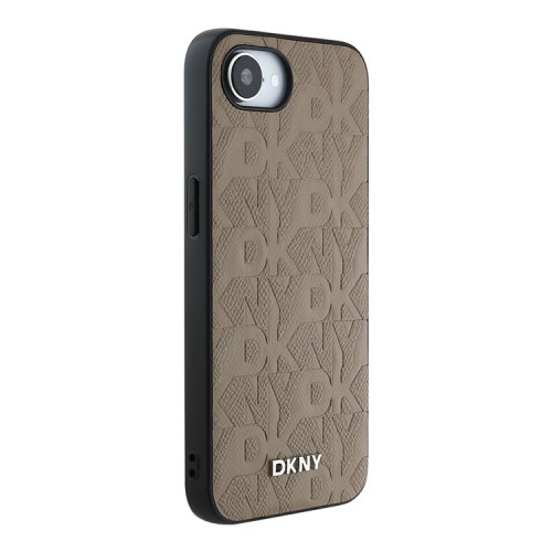DKNY для iPhone 16e чехол PU Grid pattern Metal logo Hard Beige (MagSafe)