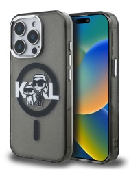 Karl Lagerfeld для iPhone 15 Pro Max чехол PC/TPU Sketch Karl&Choupette Glitter Black (MagSafe)