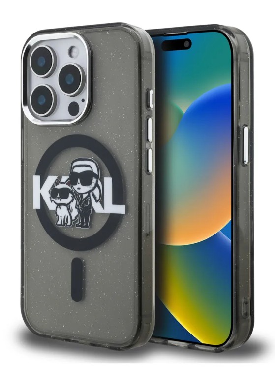 Karl Lagerfeld для iPhone 15 Pro Max чехол PC/TPU Sketch Karl&Choupette Glitter Black (MagSafe)