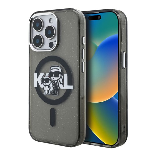 Karl Lagerfeld для iPhone 15 Pro Max чехол PC/TPU Sketch Karl&Choupette Glitter Black (MagSafe)