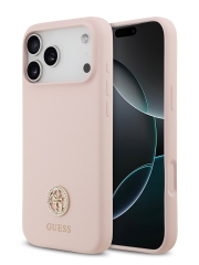 Guess для iPhone 17 Pro Max чехол Liquid silicone with 4G Diamond metal logo Hard Pink (MagSafe)