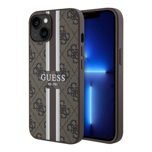 Чехол Guess PU 4G Stripes Hard для iPhone 14, коричневый (MagSafe)