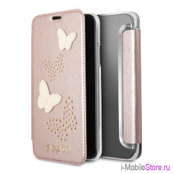 Чехол Guess Studs & Sparkles Booktype Butterflies для iPhone X/XS, розовый