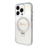 Guess для iPhone 15 Pro Max чехол PC/TPU Script logo + Ring stand Hard Glitter прозрачный (MagSafe)