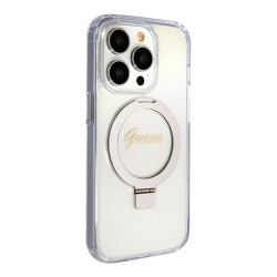 Guess для iPhone 15 Pro Max чехол PC/TPU Script logo + Ring stand Hard Glitter прозрачный (MagSafe)
