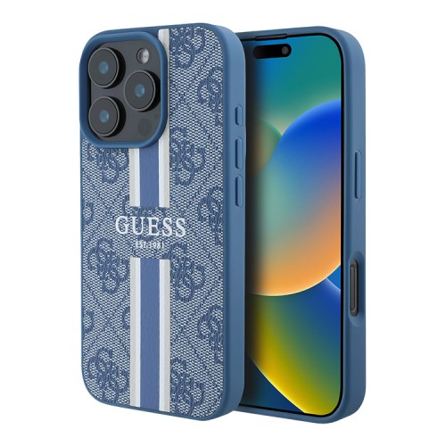 Guess для iPhone 16 Pro Max чехол PU кожа 4G Stripes Blue (MagSafe)