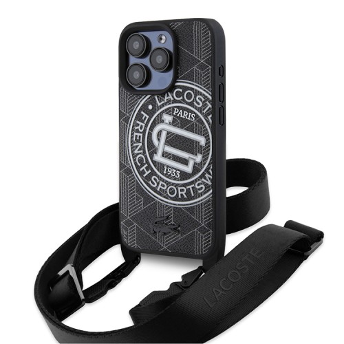 Lacoste для iPhone 16 Pro Max чехол PC/TPU&PVC Sportswear Black (MagSafe) с ремешком
