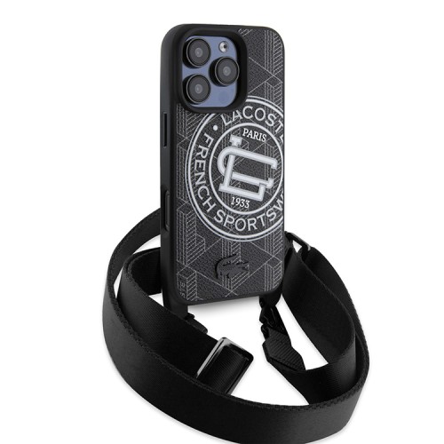 Lacoste для iPhone 16 Pro Max чехол PC/TPU&PVC Sportswear Black (MagSafe) с ремешком