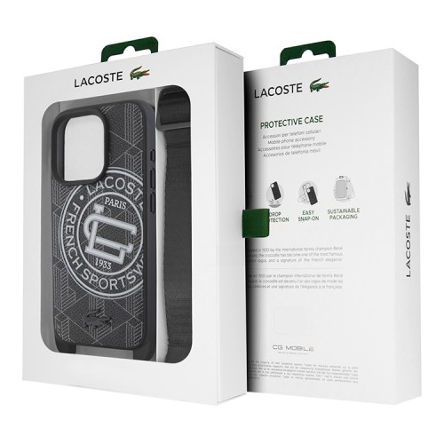Lacoste для iPhone 16 Pro Max чехол PC/TPU&PVC Sportswear Black (MagSafe) с ремешком