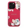 Guess для iPhone 15 Pro Max чехол PU Grained leather Flowers Metal logo Hard Fuchsia (MagSafe)
