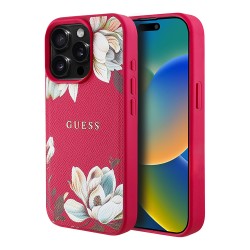 Guess для iPhone 15 Pro Max чехол PU Grained leather Flowers Metal logo Hard Fuchsia (MagSafe)