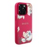 Guess для iPhone 15 Pro Max чехол PU Grained leather Flowers Metal logo Hard Fuchsia (MagSafe)