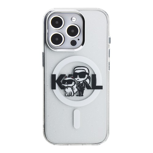 Karl Lagerfeld для iPhone 15 Pro Max чехол PC/TPU Sketch Karl&Choupette Glitter Transparent (MagSafe)