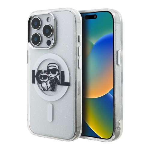 Karl Lagerfeld для iPhone 15 Pro Max чехол PC/TPU Sketch Karl&Choupette Glitter Transparent (MagSafe)