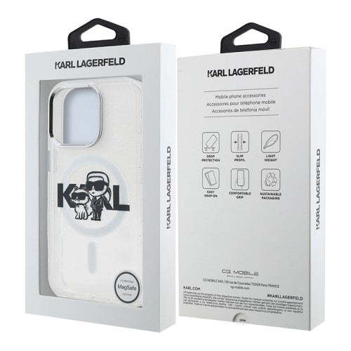 Karl Lagerfeld для iPhone 15 Pro Max чехол PC/TPU Sketch Karl&Choupette Glitter Transparent (MagSafe)