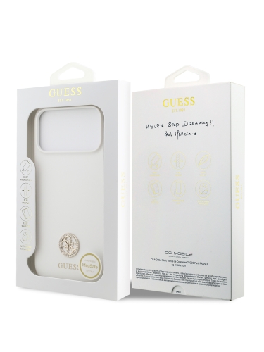 Guess для iPhone 17 Pro Max чехол Liquid silicone with 4G Diamond metal logo Hard White (MagSafe)