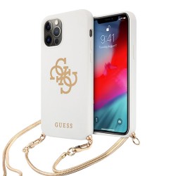 Чехол Guess Liquid Silicone 4G Big logo Hard +Gold chain для iPhone 12 | 12 Pro, белый