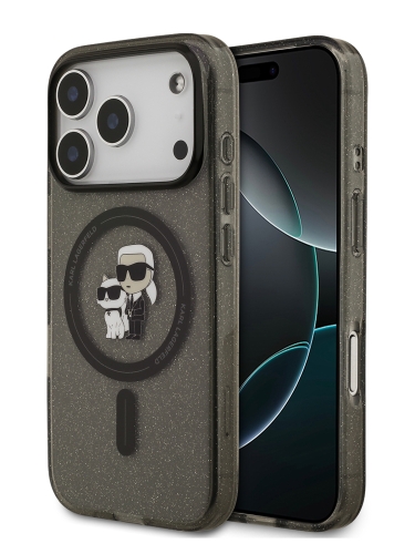 Karl Lagerfeld для iPhone 17 Pro чехол IML NFT Karl & Choupette с глиттером черный/прозрачный (MagSafe)