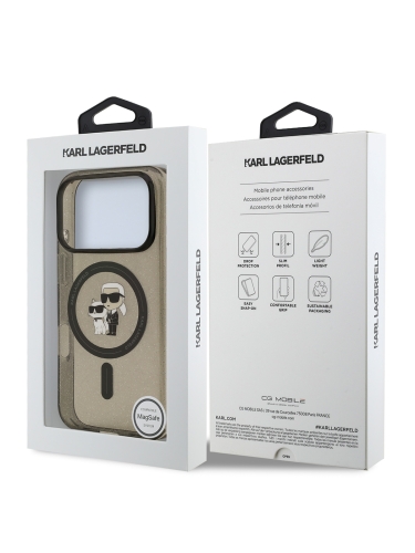 Karl Lagerfeld для iPhone 17 Pro чехол IML NFT Karl & Choupette с глиттером черный/прозрачный (MagSafe)